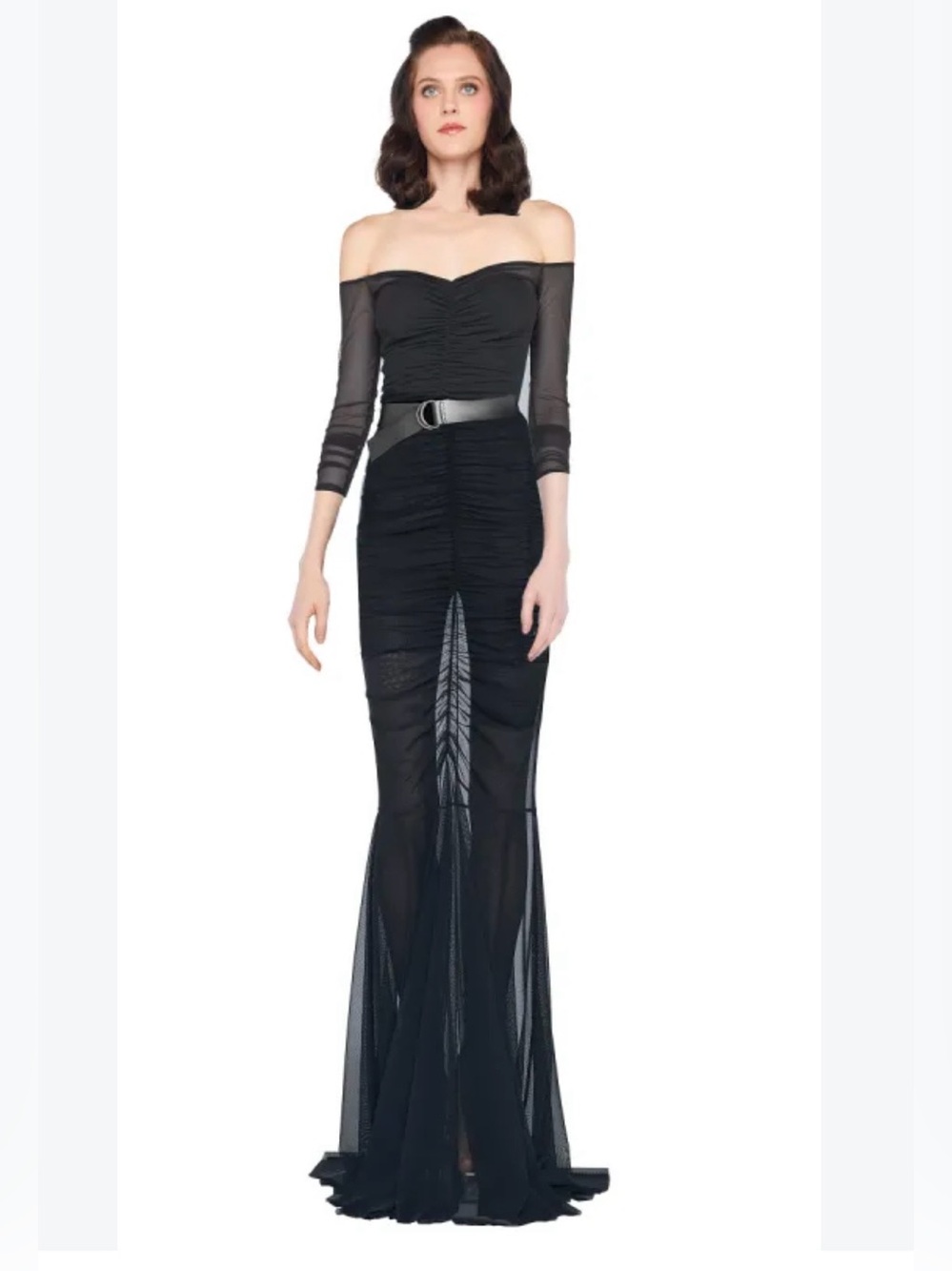 Norma Kamali off shoulder sheer long fishtail dress. ( I recommend a lace catsui